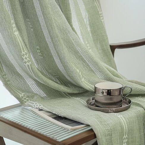 Boho Farmhouse Semi Blackout Curtains for Bedroom Living Room , 2 Panels 84 inches Length Sage green Vintage Embroidery Striped Bohemian Linen Window Curtains With Tassel (52"W x 84"L Sage Green) in Saudi Arabia
