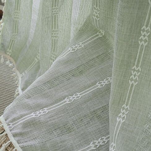 Boho Farmhouse Semi Blackout Curtains for Bedroom Living Room , 2 Panels 84 inches Length Sage green Vintage Embroidery Striped Bohemian Linen Window Curtains With Tassel (52"W x 84"L Sage Green) in Saudi Arabia