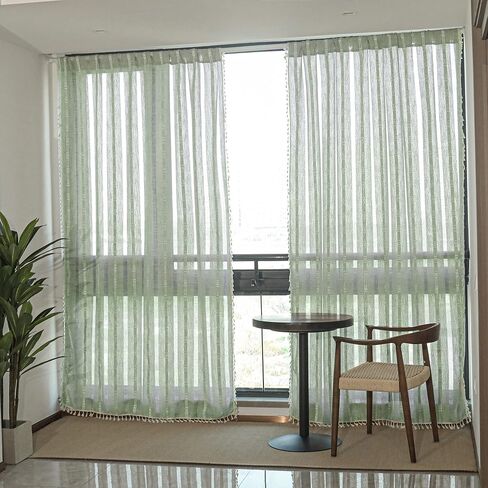 Boho Farmhouse Semi Blackout Curtains for Bedroom Living Room , 2 Panels 84 inches Length Sage green Vintage Embroidery Striped Bohemian Linen Window Curtains With Tassel (52"W x 84"L Sage Green) in Saudi Arabia