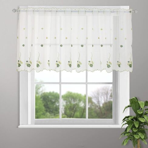 ستارة شفافة لتزيين أبواب النوافذ - ستارة دانتيل على طراز المزرعة مع 4 أوراق البرسيم، ارتفاع 27 × عرض 70 بوصة، لوحة واحدة، ZHH in Kuwait