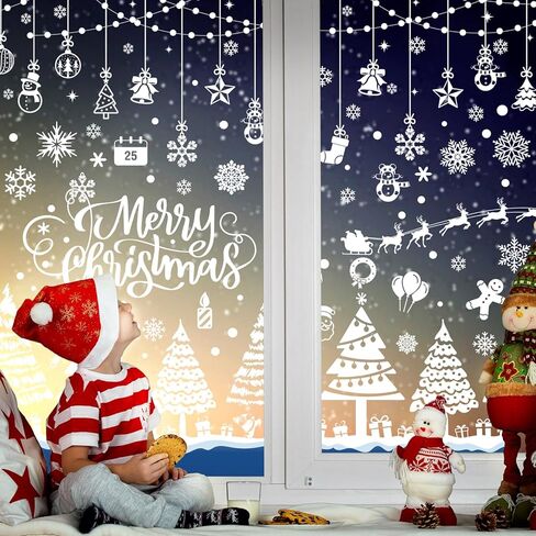 AnyDesign 464pcs 9 Sheets Christmas Window Clings Double-Sided Xmas Tree Snowflake Window Stickers Winter Holiday Window Decals in Saudi Arabia