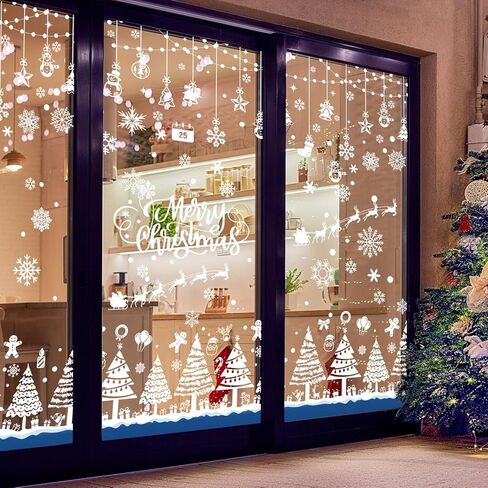 AnyDesign 464pcs 9 Sheets Christmas Window Clings Double-Sided Xmas Tree Snowflake Window Stickers Winter Holiday Window Decals in Saudi Arabia