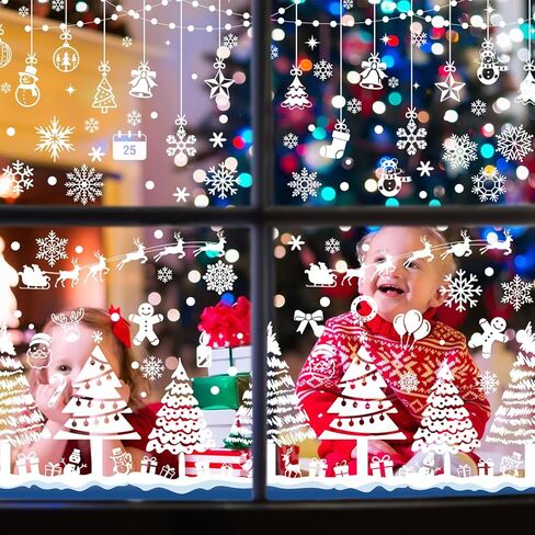 AnyDesign 464pcs 9 Sheets Christmas Window Clings Double-Sided Xmas Tree Snowflake Window Stickers Winter Holiday Window Decals in Saudi Arabia