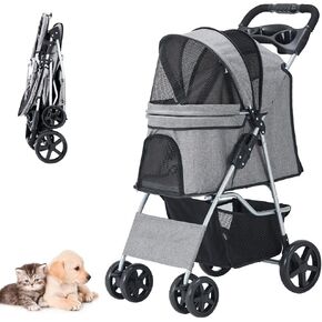 Pet Stroller, Cat Dog Stroller with Storage Basket Foldable Lightweight Dog Carrier Trolley Jogging Stroller, 3 Wheel, Balck