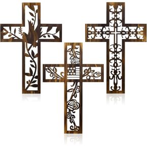 صليب خشبي للتعليق على الحائط من شاوكينلين، 3 قطع من ديكور الحائط العتيق مقاس 12 انش بنمط ديني منحوت لديكور المنزل من الخشب البني in Kuwait