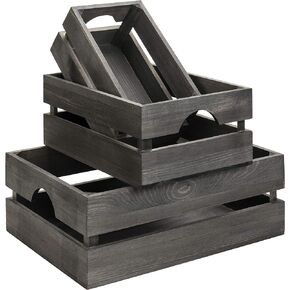 MyGift Rustic Dark Brown Solid Wood Storage Organizer Box with Handle, 3 Piece Various Size Decorative Nesting Crate