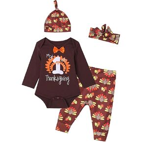 Auggle Baby Boys Girls My 1st Thanksgiving Turkey Football & Pumpkin Pie Outfit Set Thanksgiving Pants Set