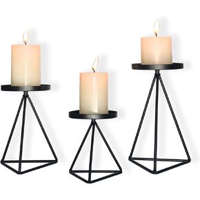 حامل شمعة من MAINFOR الشموع العامودية، حامل شموع مزخرف بتصميم هندسي في العطلات ولزينة الشموع لزينة الطاولة، مجموعة من 3 قطع من الحديد المطاوع الأسود حامل شمعة طويلة أرضية in Kuwait