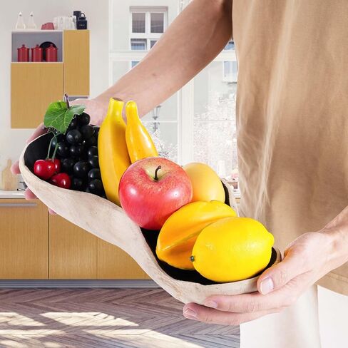 Wavy Live Edge Wooden Dough Bowl Decor Internal Black 16"L Natural Wood Hand Carved Decorative Wooden Farmhouse Fruit Bowl Handmade, Home Decoration Centerpiece, Dining Room Table Display Bowl in Kuwait