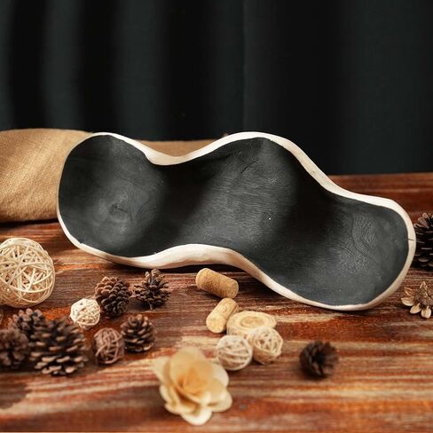 Wavy Live Edge Wooden Dough Bowl Decor Internal Black 16"L Natural Wood Hand Carved Decorative Wooden Farmhouse Fruit Bowl Handmade, Home Decoration Centerpiece, Dining Room Table Display Bowl in Kuwait