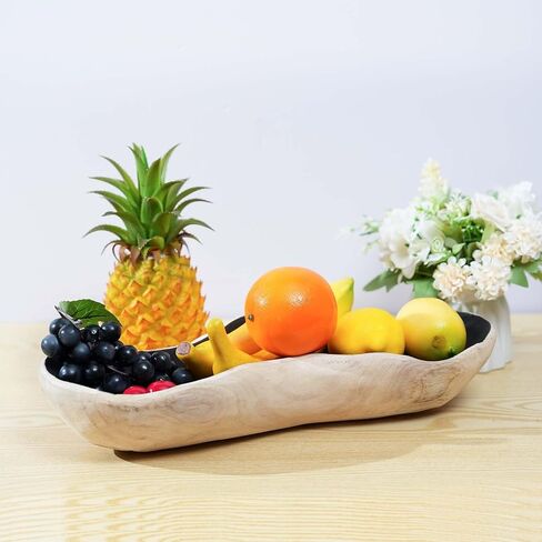 Wavy Live Edge Wooden Dough Bowl Decor Internal Black 16"L Natural Wood Hand Carved Decorative Wooden Farmhouse Fruit Bowl Handmade, Home Decoration Centerpiece, Dining Room Table Display Bowl in Kuwait