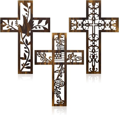 صليب خشبي للتعليق على الحائط من شاوكينلين، 3 قطع من ديكور الحائط العتيق مقاس 12 انش بنمط ديني منحوت لديكور المنزل من الخشب البني in Kuwait