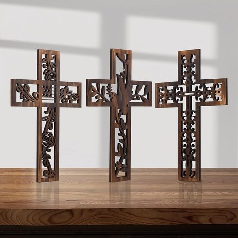 صليب خشبي للتعليق على الحائط من شاوكينلين، 3 قطع من ديكور الحائط العتيق مقاس 12 انش بنمط ديني منحوت لديكور المنزل من الخشب البني in Kuwait