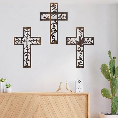صليب خشبي للتعليق على الحائط من شاوكينلين، 3 قطع من ديكور الحائط العتيق مقاس 12 انش بنمط ديني منحوت لديكور المنزل من الخشب البني in Kuwait