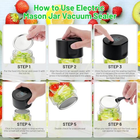 KKUYT الكهربائية ميسون جرة فراغ السدادة، تعليب جرة فراغ السدادة عدة لتخزين الطعام، آلة ختم فراغ لاسلكية لبرطمانات ميسون مع فتاحة علب وأغطية جرة ميسون عادية وواسعة الفم in Kuwait