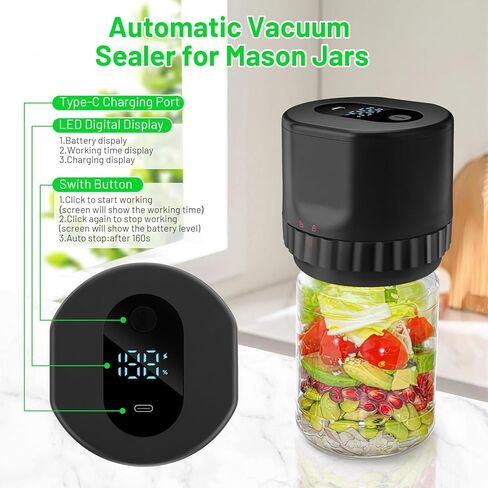 KKUYT الكهربائية ميسون جرة فراغ السدادة، تعليب جرة فراغ السدادة عدة لتخزين الطعام، آلة ختم فراغ لاسلكية لبرطمانات ميسون مع فتاحة علب وأغطية جرة ميسون عادية وواسعة الفم in Kuwait