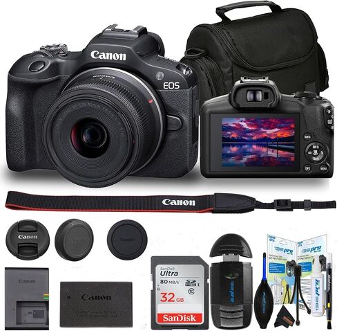 Canon EOS R50 Mirrorless Camera with RF-S 18-45mm f/4.5-6.3 is STM Lens (Black) + Sunshine Basic Accessories Bundle (International Model) - (Renewed) in Saudi Arabia