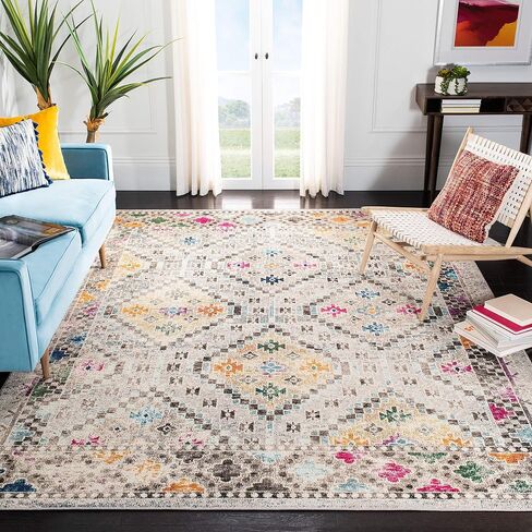 SAFAVIEH Madison Collection Area Rug - 8' x 10', Grey & Yellow, Boho Diamond Distressed Design, Non-Shedding & Easy Care, Ideal for High Traffic Areas in Living Room, Bedroom (MAD418F) in Saudi Arabia