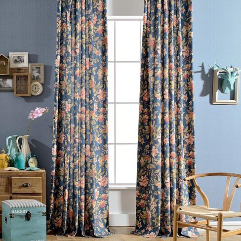 Melodieux Blooming Flower Print Vintage Style Room سواد ستائر جروميت لغرفة المعيشة وغرفة النوم وغرفة الطعام، 52 × 84 بوصة، كحلي (لوحتان) in Kuwait