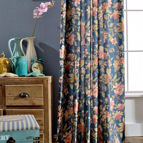 Melodieux Blooming Flower Print Vintage Style Room سواد ستائر جروميت لغرفة المعيشة وغرفة النوم وغرفة الطعام، 52 × 84 بوصة، كحلي (لوحتان) in Kuwait