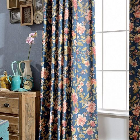 Melodieux Blooming Flower Print Vintage Style Room سواد ستائر جروميت لغرفة المعيشة وغرفة النوم وغرفة الطعام، 52 × 84 بوصة، كحلي (لوحتان) in Kuwait
