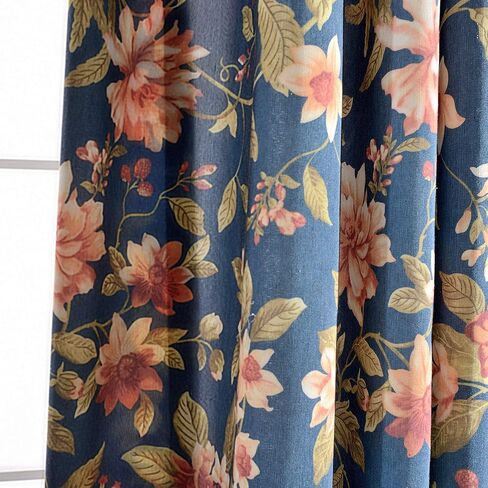 Melodieux Blooming Flower Print Vintage Style Room سواد ستائر جروميت لغرفة المعيشة وغرفة النوم وغرفة الطعام، 52 × 84 بوصة، كحلي (لوحتان) in Kuwait