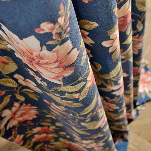 Melodieux Blooming Flower Print Vintage Style Room سواد ستائر جروميت لغرفة المعيشة وغرفة النوم وغرفة الطعام، 52 × 84 بوصة، كحلي (لوحتان) in Kuwait