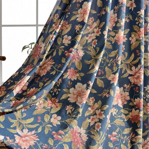 Melodieux Blooming Flower Print Vintage Style Room سواد ستائر جروميت لغرفة المعيشة وغرفة النوم وغرفة الطعام، 52 × 84 بوصة، كحلي (لوحتان) in Kuwait