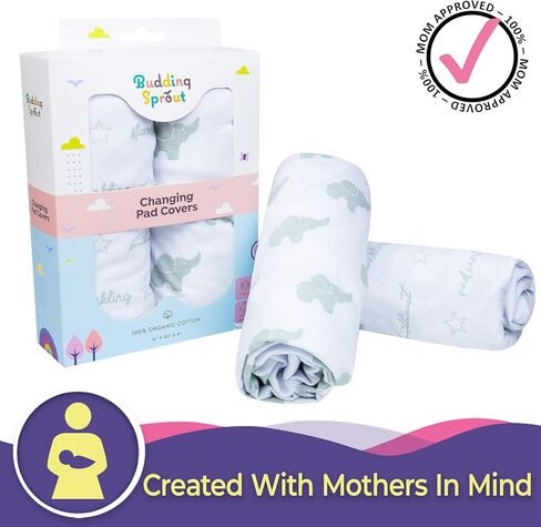 Budding Sprout Organic Cotton Ultra Soft Hypoallergenic Changing Pad Covers (2-Pack) Fits Standard Size Pads 16" x 32" Comes with Two Unisex Design in Saudi Arabia
