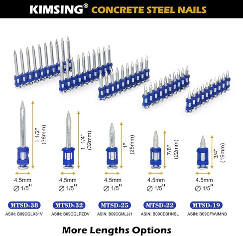 KIMSING MTSD-38 12 مقياس 1 1/2 بوصة × .109 بوصة سلسة من البلاستيك المغطى بالخرسانة والفولاذ دبوس محرك ميكانيكي مجلفن لخرسانة طاقة الغاز ومسامير الصلب 800 قطعة / صندوق (صندوق واحد) in Kuwait