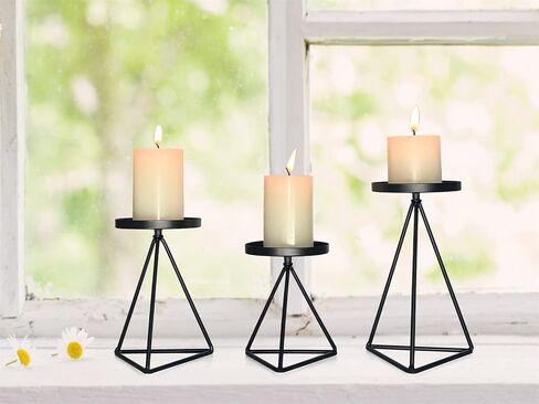 حامل شمعة من MAINFOR الشموع العامودية، حامل شموع مزخرف بتصميم هندسي في العطلات ولزينة الشموع لزينة الطاولة، مجموعة من 3 قطع من الحديد المطاوع الأسود حامل شمعة طويلة أرضية in Kuwait