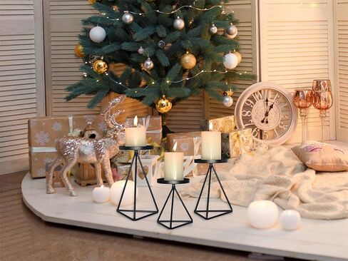 حامل شمعة من MAINFOR الشموع العامودية، حامل شموع مزخرف بتصميم هندسي في العطلات ولزينة الشموع لزينة الطاولة، مجموعة من 3 قطع من الحديد المطاوع الأسود حامل شمعة طويلة أرضية in Kuwait