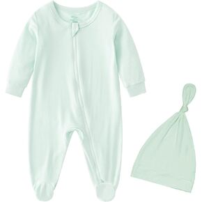 omzer Unisex Pajamas for Baby Boy Girl - Bamboo Onesies Hat Set & Mitten Cuffs, 2 Way Zip Long Sleeve Solid 0-12M in Kuwait