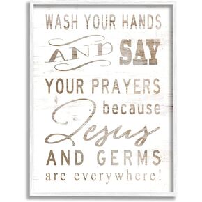 Stupell Industries White Wood Look Jesus and Germs are Everywhere Wash Your Hands Sign Wall Plaque, 10 x 15, Design by Artist Cindy Jacobs in Kuwait