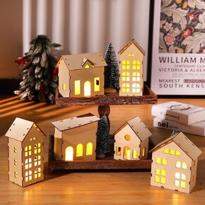 12 Pcs Christmas Village Sets Unassembled Christmas Houses Village Sets with 6 Pcs Christmas Wooden House and 6 Pcs LED Candle Lights Tiny House Ornaments Xmas Light up Village Scene Decorations in Saudi Arabia