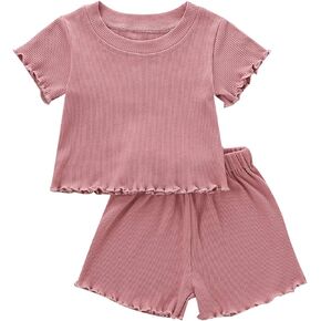 Toddler Girls Summer Clothes Set Short Sleeve Knitted Top Shorts 2Pcs Ruffle Outfits for Baby Girls