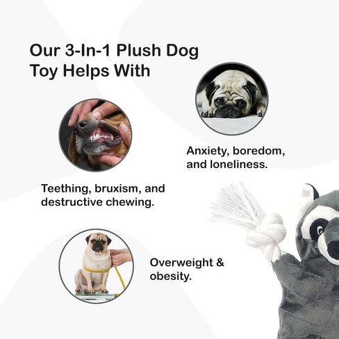 Maestro Pets No Stuffing Dog Toys, Crinkle Dog Toys, 3 in 1 Plush Dog Toys with Rope Legs, Squeakers and Crinkle Paper, Dog Rope Squeaky Toys for Puppies, Small, and Medium Dogs (Raccoon) in Saudi Arabia