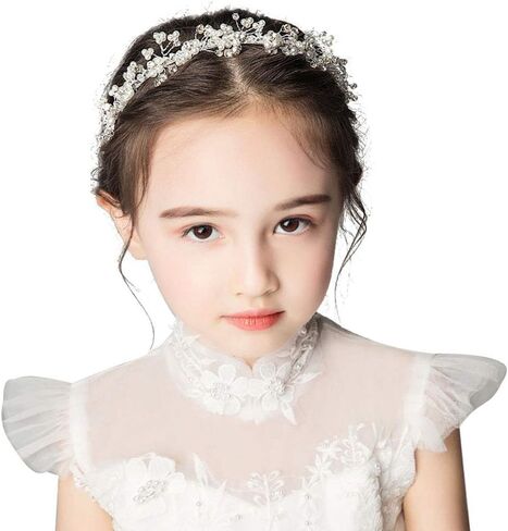 Headband Wedding Flower Girls, Rhinestone Pearl Crystal Beads Fairy Gold Vine Hair Accessories for Little Girl Princess Halo Tiara in Saudi Arabia