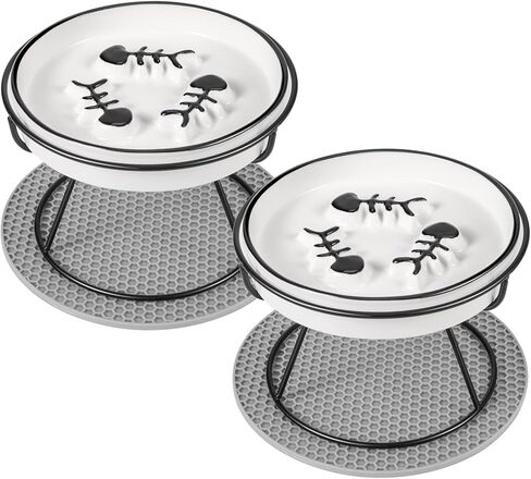 Wedding Pails 2PCS Raised Cat Slow Feeder, Ceramic Cat Food Bowls with Stand Prevent Vomiting and Indigestion Cat Dishes Slow Down Cat Eating Speed Non Slip Protect Pet's Spine in Kuwait