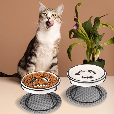 Wedding Pails 2PCS Raised Cat Slow Feeder, Ceramic Cat Food Bowls with Stand Prevent Vomiting and Indigestion Cat Dishes Slow Down Cat Eating Speed Non Slip Protect Pet's Spine in Kuwait