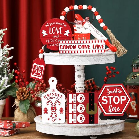 Jetec 7 Pcs Christmas Tiered Tray Decor Winter Table Wooden Sign Decorations Xmas Tabletop Farmhouse Rustic Coffee Signs Bead Ginger Man Santa Decor for Christmas Home Kitchen Holiday in Saudi Arabia