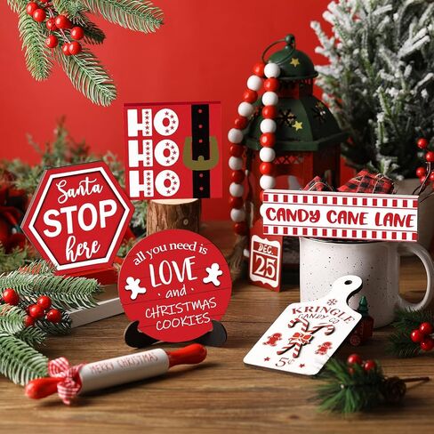 Jetec 7 Pcs Christmas Tiered Tray Decor Winter Table Wooden Sign Decorations Xmas Tabletop Farmhouse Rustic Coffee Signs Bead Ginger Man Santa Decor for Christmas Home Kitchen Holiday in Saudi Arabia