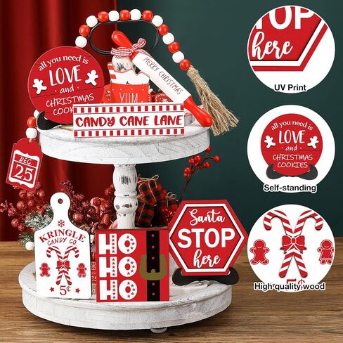 Jetec 7 Pcs Christmas Tiered Tray Decor Winter Table Wooden Sign Decorations Xmas Tabletop Farmhouse Rustic Coffee Signs Bead Ginger Man Santa Decor for Christmas Home Kitchen Holiday in Saudi Arabia