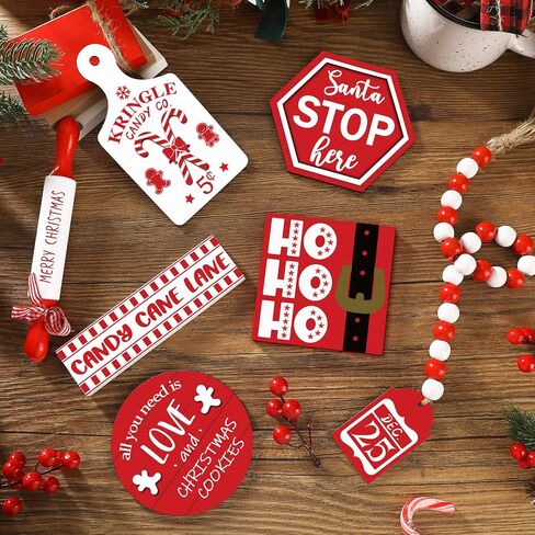 Jetec 7 Pcs Christmas Tiered Tray Decor Winter Table Wooden Sign Decorations Xmas Tabletop Farmhouse Rustic Coffee Signs Bead Ginger Man Santa Decor for Christmas Home Kitchen Holiday in Saudi Arabia