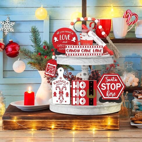 Jetec 7 Pcs Christmas Tiered Tray Decor Winter Table Wooden Sign Decorations Xmas Tabletop Farmhouse Rustic Coffee Signs Bead Ginger Man Santa Decor for Christmas Home Kitchen Holiday in Saudi Arabia
