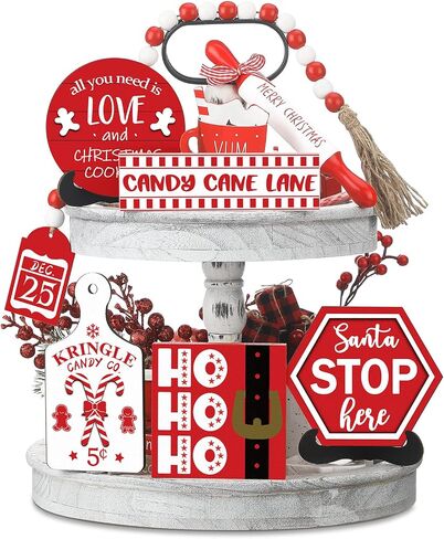 Jetec 7 Pcs Christmas Tiered Tray Decor Winter Table Wooden Sign Decorations Xmas Tabletop Farmhouse Rustic Coffee Signs Bead Ginger Man Santa Decor for Christmas Home Kitchen Holiday in Saudi Arabia