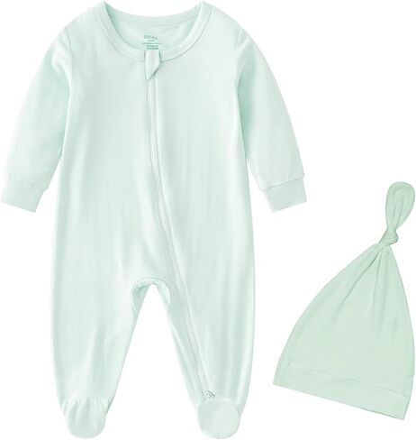 omzer Unisex Pajamas for Baby Boy Girl - Bamboo Onesies Hat Set & Mitten Cuffs, 2 Way Zip Long Sleeve Solid 0-12M in Kuwait