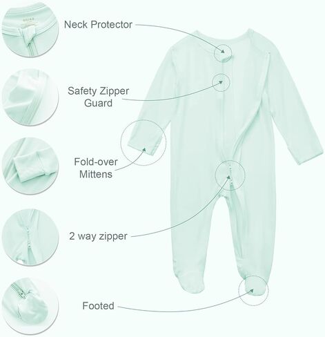 omzer Unisex Pajamas for Baby Boy Girl - Bamboo Onesies Hat Set & Mitten Cuffs, 2 Way Zip Long Sleeve Solid 0-12M in Kuwait