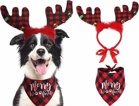 Buffalo Plaid Dog Christmas Bandana and Reindeer Antlers Headband for Dog, Dog Christmas Outfit in Saudi Arabia