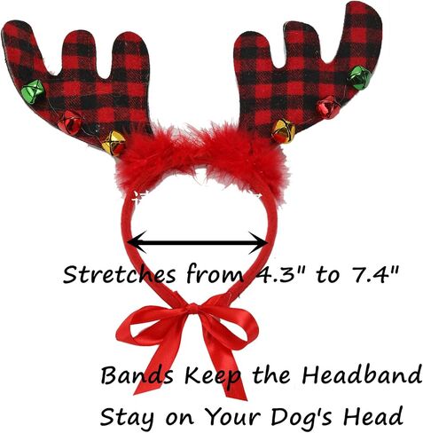 Buffalo Plaid Dog Christmas Bandana and Reindeer Antlers Headband for Dog, Dog Christmas Outfit in Saudi Arabia